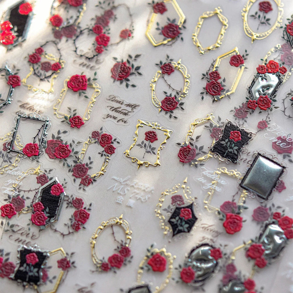 Metal Effect Rose Flower Pattern Totem Photo Frame Self Adhesive Nail Art Sticker Romantic Chic Wreath Rhinestone Manicure Decal (Online Order Only)