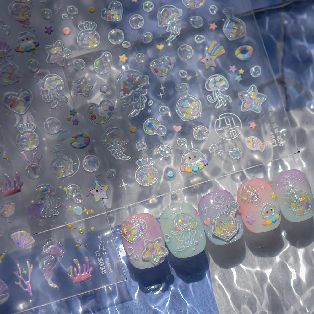 Star Drift Bottle Current Bottle Jellyfish Marine Meteor Water Bubble Love Heart Self Adhesive Nail Art Stickers Manicure Decals (ONLINE ORDER ONLY)