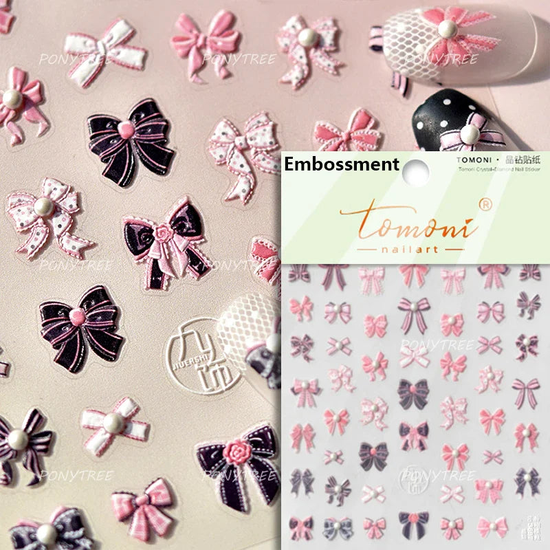 Simple Line Bowknot Red Gold Silver Laser Pink Hot Stamping 3D Self Adhesive Nail Art Stickers Pearl Rhinestone Manicure Decals (ONLINE ORDER ONLY)