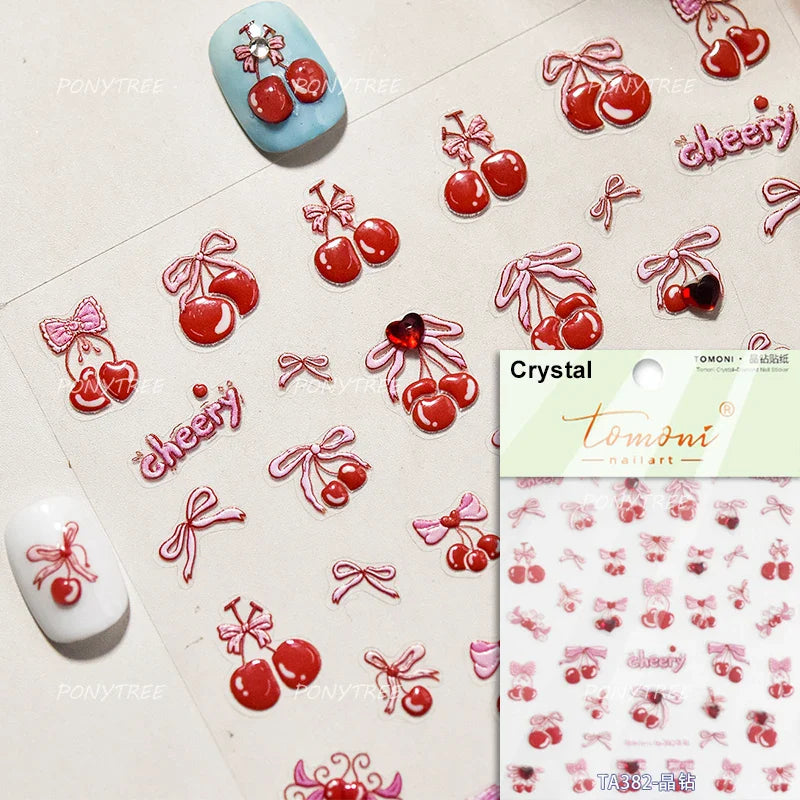 Colourful Cherry Abundant Fruits Bowknot Shiny White Line Outline Self Adhesive Nail Art Stickers Chic Rhinestone Manicure Decal (ONLINE ORDER ONLY)