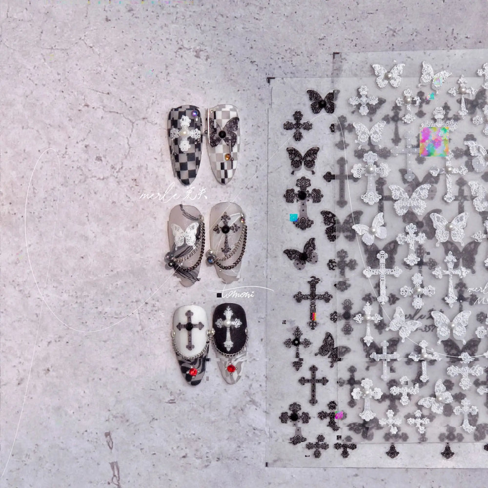 Black White Pearl Lace Butterfly Cross Retro Figure Flower Symmetric Self Adhesive Nail Art Stickers  Manicure Decals Wholesale (ONLINE ORDER ONLY)