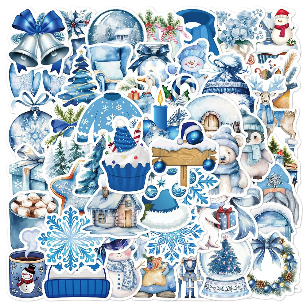 Blue Winter Christmas Cartoon Stickers - Waterproof DIY Decals for Notebook, Phone, Fridge, Suitcase, Bike, Wall (10/30/50pcs) (Online Order Only)