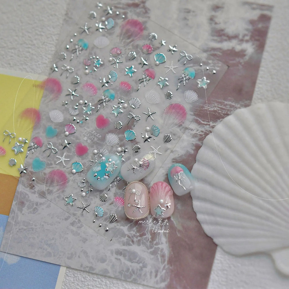 Halo Dyeing Ocean Shell Conch Starfish Pearl Love Heart Bowknot Jellyfish Adhesive Nail Art Stickers Manicure Decals Wholesale (ONLINE ORDER ONLY)