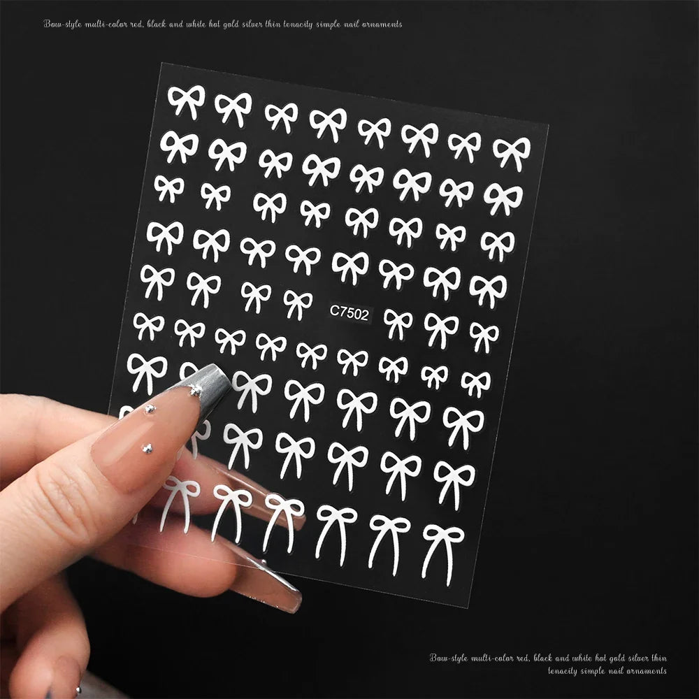 6pcs/Set Lovely Line Bowknot Nail Sticker Gold Silver Black White Pink Red Bow Tie Mini Bowknot 3D Self Adhesive Manicure Decals (ONLINE ORDER ONLY)
