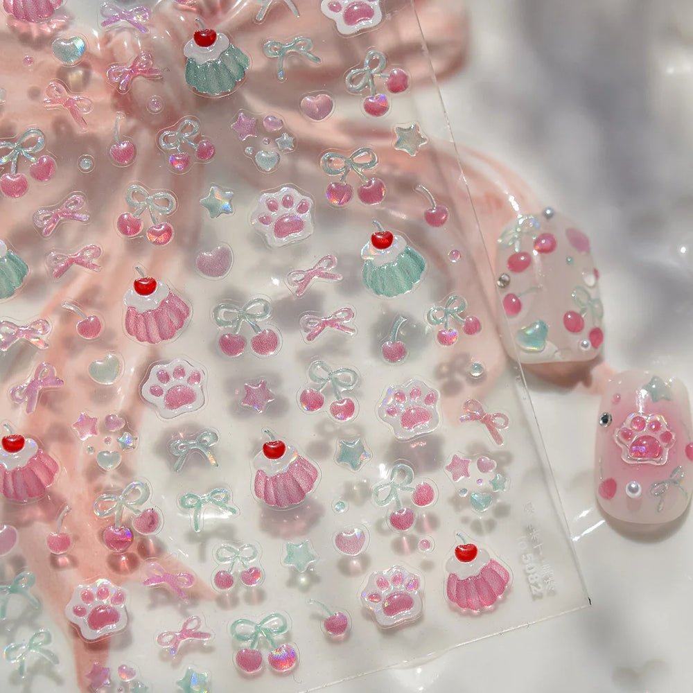 Colored Shiny Jelly Claw Paw Pudding Dessert Cherry Bowknot Cake Bow Tie Drink Food Love Heart Nail Art Sticker Manicure Decal (ONLINE ORDER ONLY)