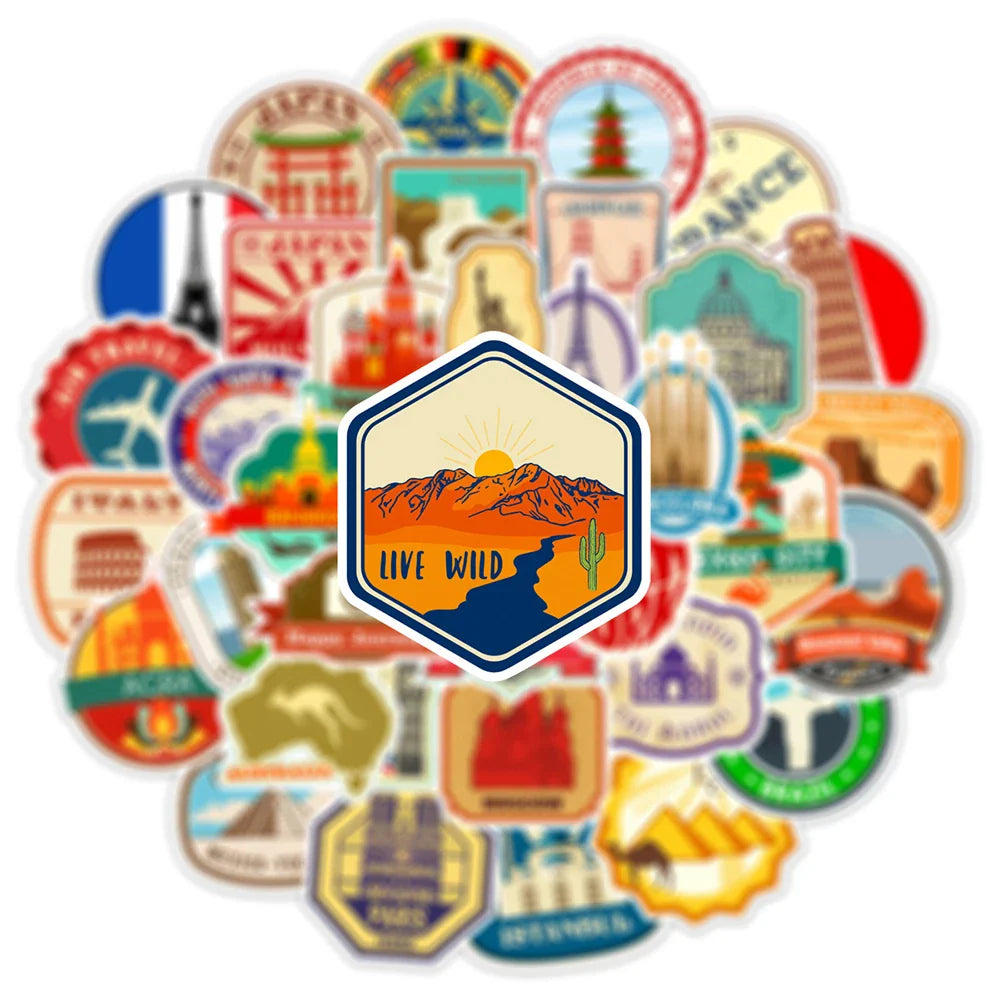10/30/50pcs Retro Travel Landmark Building Stickers Vintage Decal Skateboard Luggage Laptop Phone Car Waterproof Sticker Kid Toy (ONLINE ORDER ONLY)