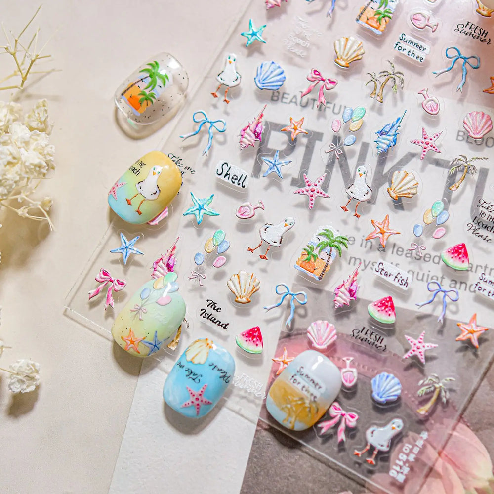 Summer Beach Bikini Watermelon Duck Cat Ice Cream Shell Coconut Tree Cherry Starfish Sunglasses Nail Art Sticker Manicure Decals (ONLINE ORDER ONLY)