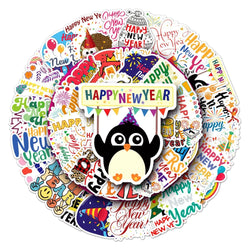 50PCS Cute Happy New Year Stickers DIY Scrapbook Diary Stationery Luggage Decorative Cartoon Sticker Kids Toys (Online Order Only)