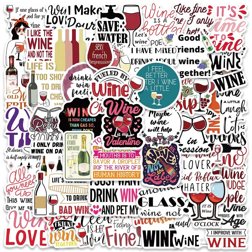 50PCS Wine Quotes Stickers Aesthetic Decals for Laptop Helmet Luggage Bottle DIY (Online Order Only)