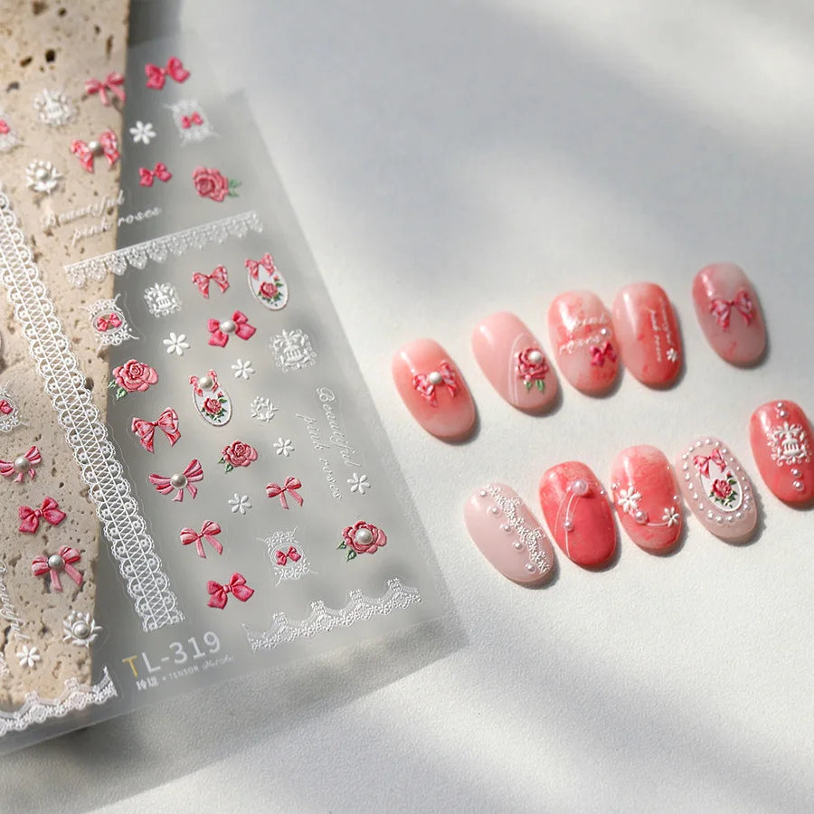 French Chic Mini Pink Rose Flower Bowknot Lace Ribbon Pearl White Little Flower Self Adhesive Nail Art Stickers Manicure Decals (ONLINE ORDER ONLY)