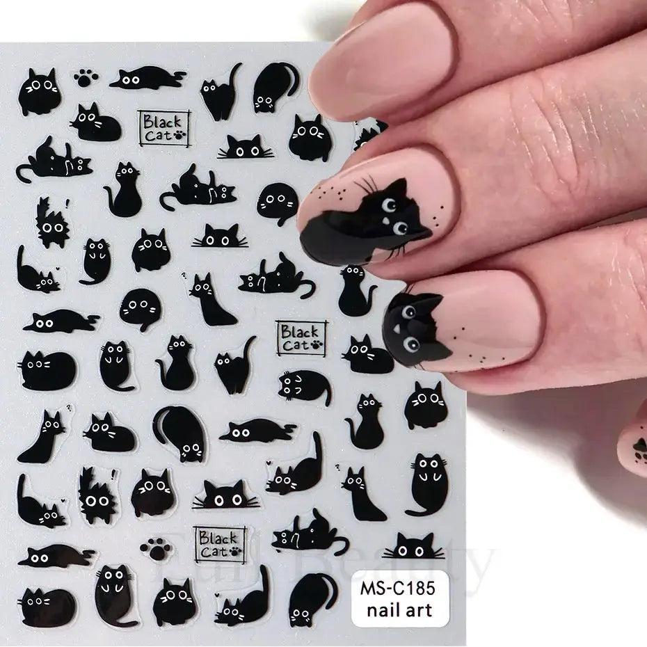 Black Cat Nail Stickers 3D Cartoon Self-Adhesive Nail Art Decals Manicure Accessories (ONLINE ORDER ONLY)