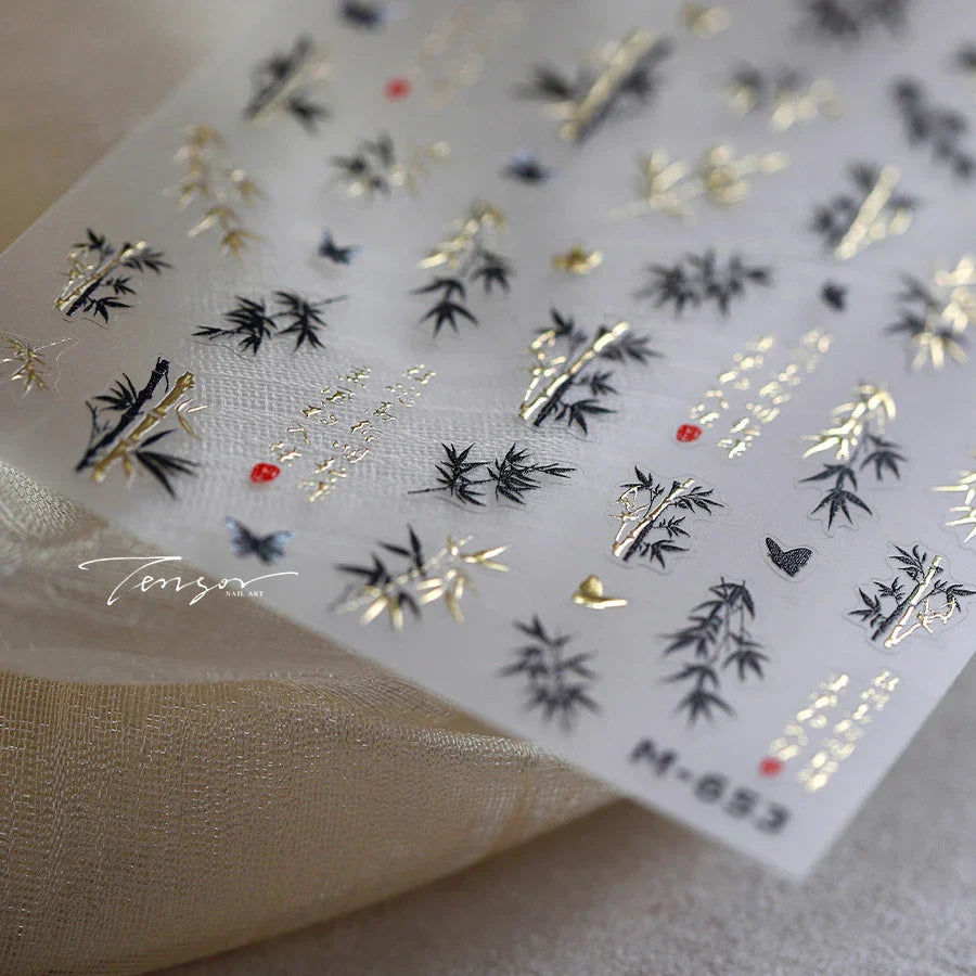 Antique Bamboo Leaf Hot Stamping Plant Botany Calligraphy Characters Self Adhesive Nail Art Stickers Rhinestone Manicure Decals (ONLINE ORDER ONLY)