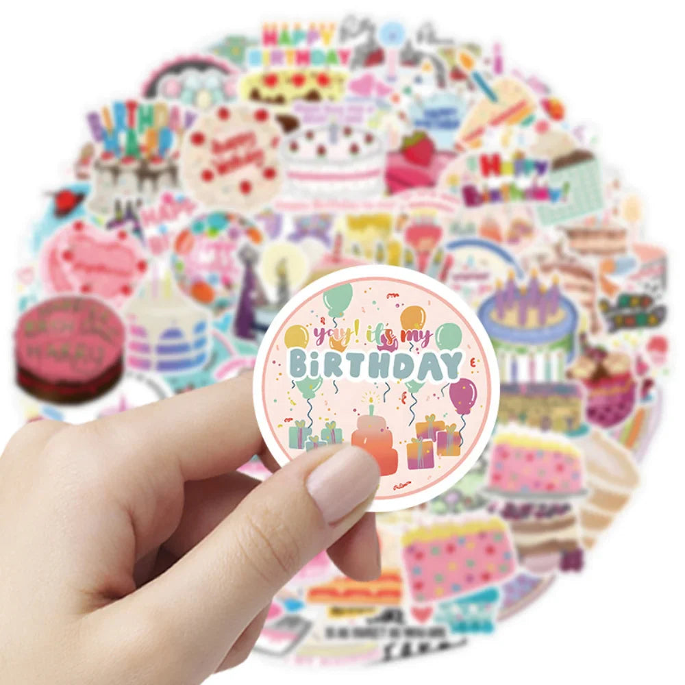 50/100Pcs Cake Happy Birthday Stickers DIY Bike Travel Luggage Guitar Laptop Waterproof Cool Graffiti Sticker Decals Kid Toys (Online Order Only)