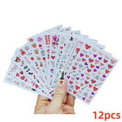 12 Sheets Valentines Nail Stickers Red Heart Nail Art Sticker Decal Solid Hollow Heart 3D Self-Adhesive Design Nail Art Supplies (ONLINE ORDER ONLY)