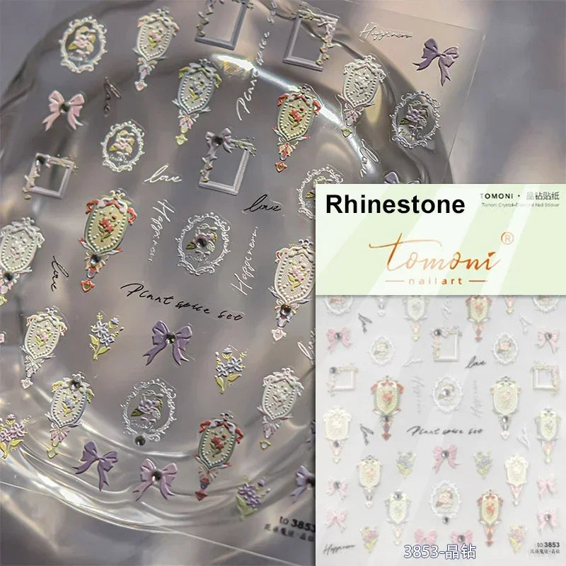 Retro Rose Gold Photo Frame Dried Flower Delicate Totem 3D Self Adhesive Nail Art Stickers 5D Shiny Rhinestone Manicure Decals (ONLINE ORDER ONLY)