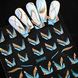 6pcs/Set Blue Gold Glitter French Design 5D Nail Stickers Curve Lines Swirls Wave Nail Sliders Reflective Flakes Decals Manicure (ONLINE ORDER ONLY)
