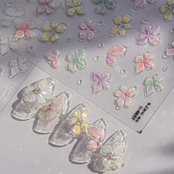 Gradient Coloredful Flower Petal Green Leaf Dreamy Shiny Chinese Rose Fantasy Relief Adhesive Nail Art Stickers Manicure Decals (Online Order Only)