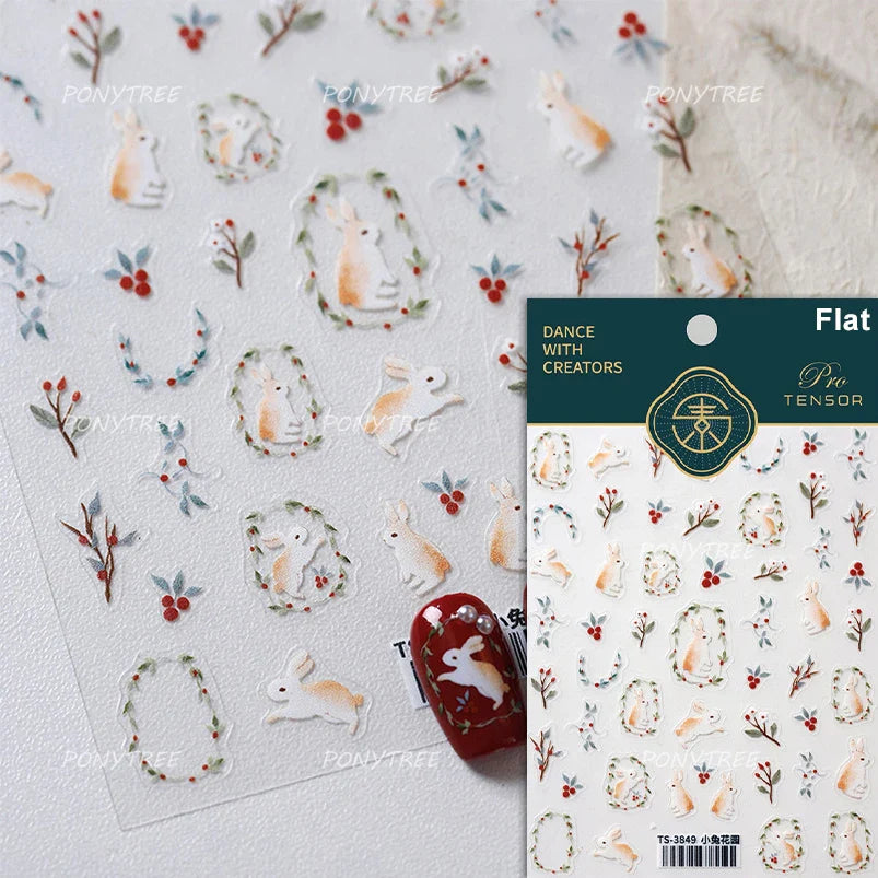 Rabbit Bunny Bear Flower Lace Bowknot Retro Frame Rose Self Adhesive Nail Art Decoration Stickers Chic Manicure Decals Wholesale (ONLINE ORDER ONLY)