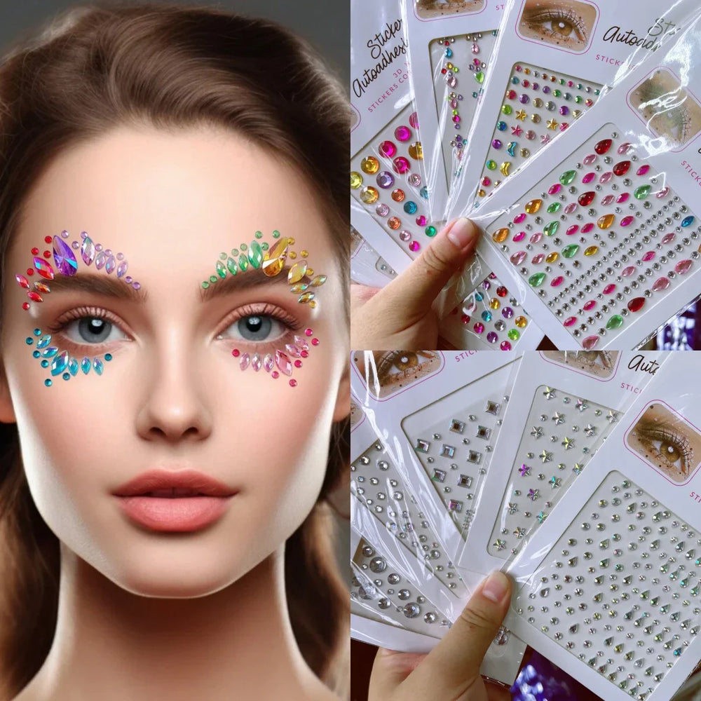 5Pcs Coloful Glitter Face Jewelry Sticker Crystal Eye Body Face Jewels Bady Makeup Tools Temporary Self-Adhesive Nail Rhinestone (ONLINE ORDER ONLY)