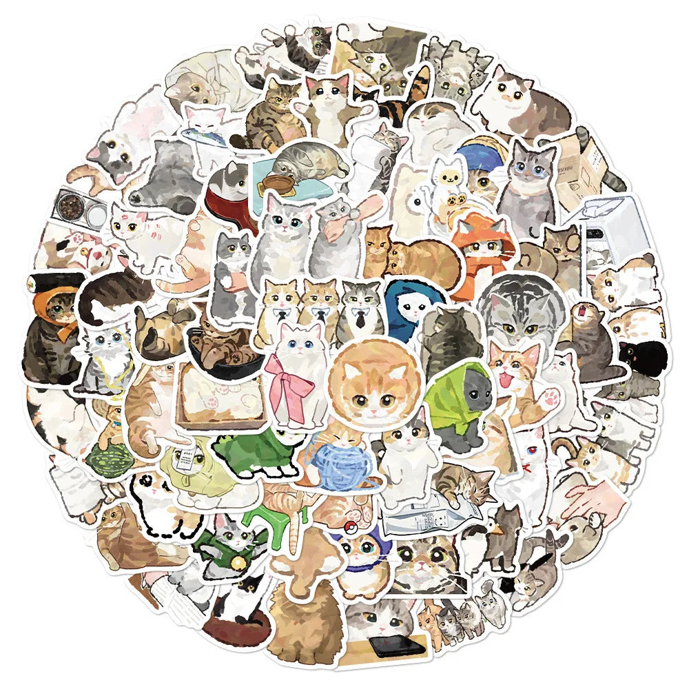 10/77pcs Kawaii Cat Cartoon Graffiti Stickers Cute Animal Aesthetic Decals PVC for Diary Luggage Skateboard Graffiti Decals Toy (Online Order Only)