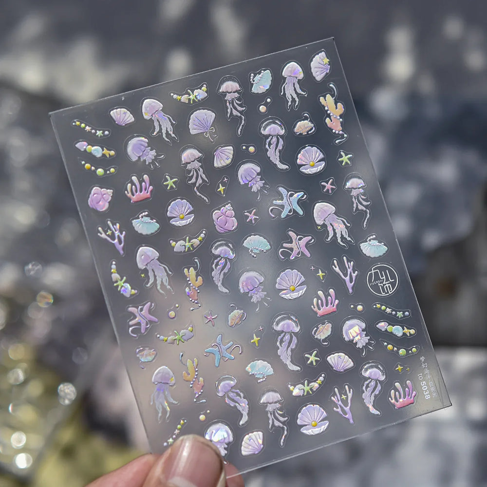 Infauna Jellyfish Conch Shell Starfish Octopus Coral Polypite Wishing Bottle Sea Self Adhesive Nail Art Stickers Manicure Decals (ONLINE ORDER ONLY)