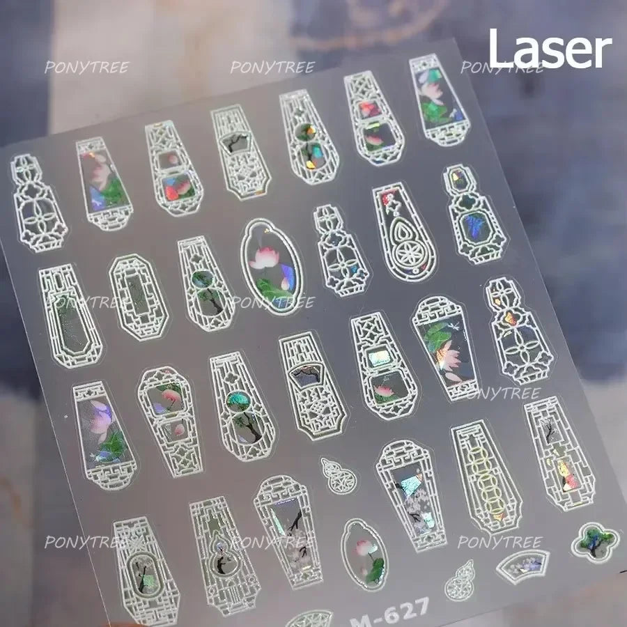 Retro Blue Lotus Flower Arrangement Vase Lantern Totem Pattern Bamboo Leaf Self Adhesive Nail Art Stickers Shiny Manicure Decals (ONLINE ORDER ONLY)