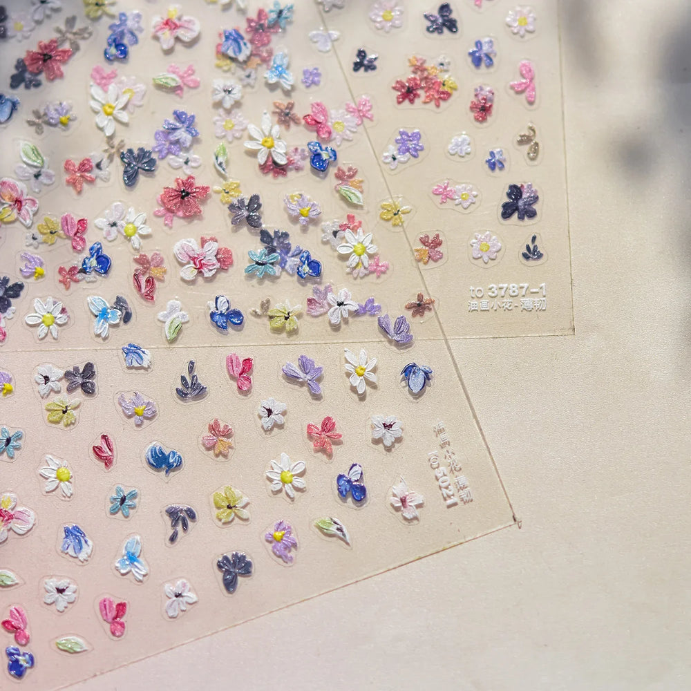 Wild Flower Oil Painting Small Variegated Daisy Peach Blossom Lavender Spring Petal Adhesive Nail Art Stickers Manicure Decals (Online Order Only)