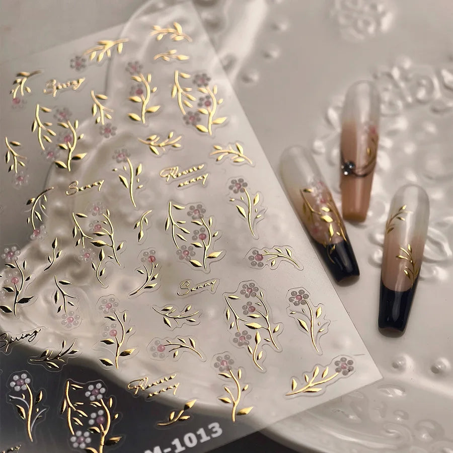 Pink Flower Hot Stamping Silver Leaves Branch Wicker Willow Plant Chic Adhesive Nail Art Decorations Stickers Manicure Decals (Online Order Only)