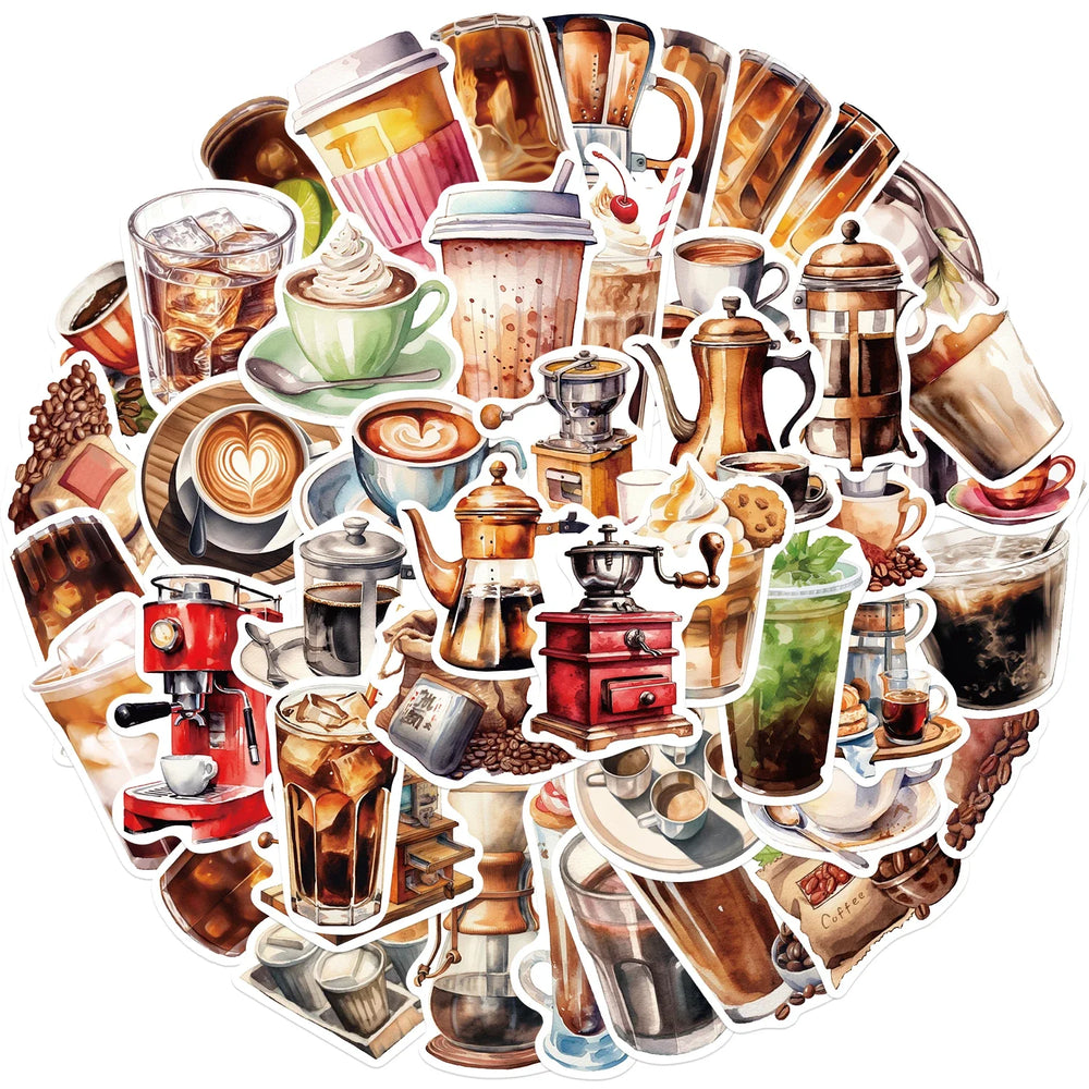50pcs Cute Cartoon Coffee Lover Stickers Vinyl Laptop Decals For Luggage Water Bottle Notebook Phone Waterproof Graffiti﻿ (ONLINE ORDER ONLY)
