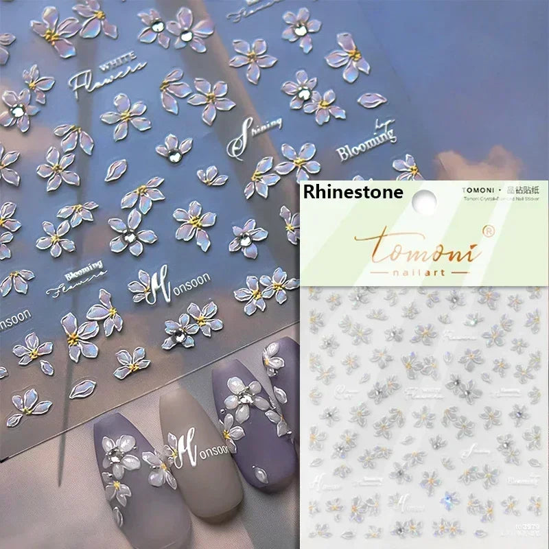 Charming Dreamy Shiny Jelly Blue Gradient Lily Flowers Rose Petal White Dot Chinese Colorful Nail Art Stickers Manicure Decals (ONLINE ORDER ONLY)