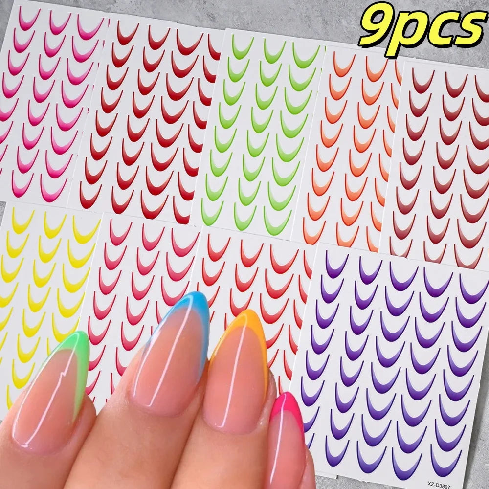 9/18pcs Gradient Color Line Design Nail Art Stickers 3D Dopamine Y2K French Nail Decals Self-Adhesive Ombre Manicure Decor Foils (Online Order Only)