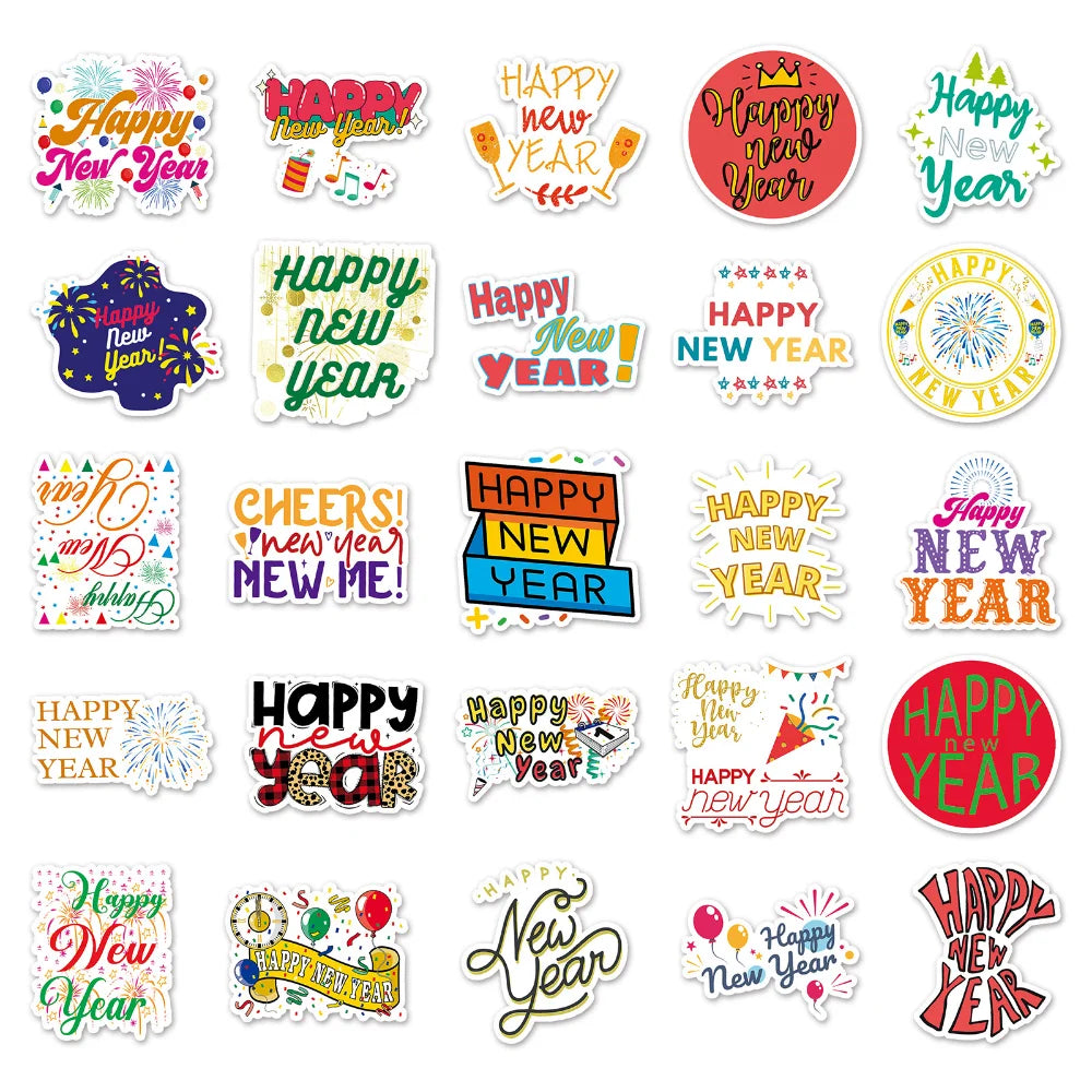 50PCS Cute Happy New Year Stickers DIY Scrapbook Diary Stationery Luggage Decorative Cartoon Sticker Kids Toys (Online Order Only)