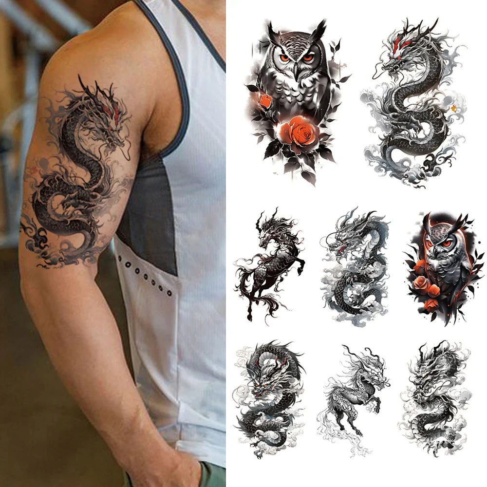 8pcs Waterproof Temporary Tattoo Sticker Flying Dragon Owl Rose Flowers Dark Animal Body Art Arm Fake Tattoos Sleeve Women Men (Online Order Only)
