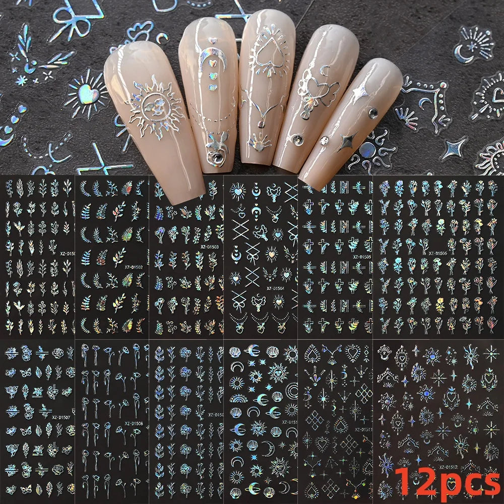 12Pcs 3D Golden Red Glitter Heart Love Nail Sticker Valentine Self Adhesive Cartoon Decal Geometry Lines Stripe Slider Manicure* (ONLINE ORDER ONLY)