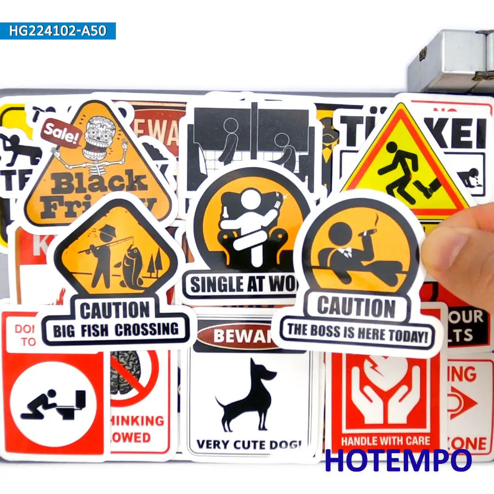 50Pieces Funny Warning Signs Spoof Slogan Waterproof Stickers for Luggage Guitar Helmet Phone Laptop Bike Motorcycle Car Sticker (Online Order Only)