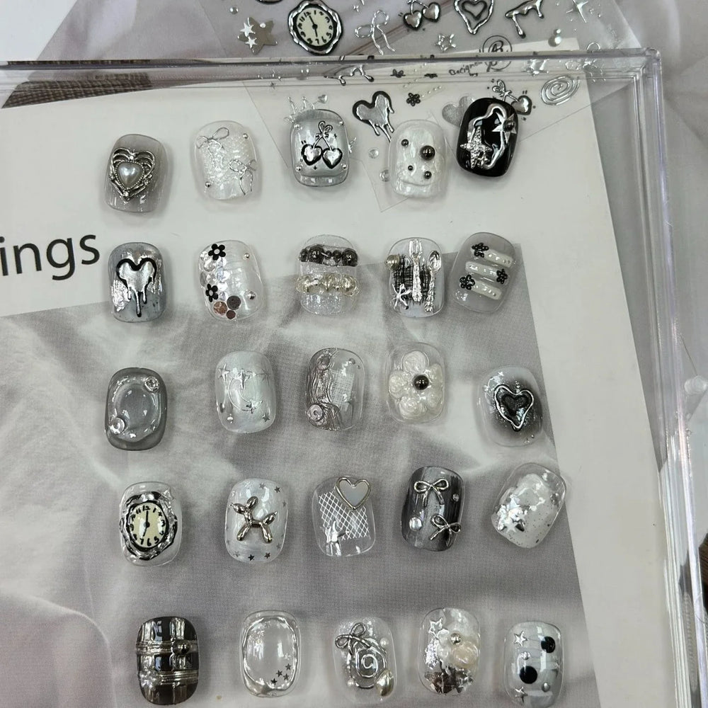 Silver Star Moon Clock Watch Cherry Love Heart Bowknot Gird Irregular Lines Dot Liquid Lava Nail Art Stickers Manicure Decals (ONLINE ORDER ONLY)