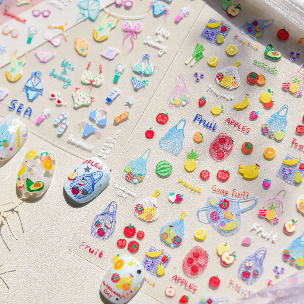 Colorful Swimsuit Bikini Fresh String Bag Vegetables Fruits Summer Beach Underwear Sunscreen Nail Art Stickers Manicure Decals (ONLINE ORDER ONLY)