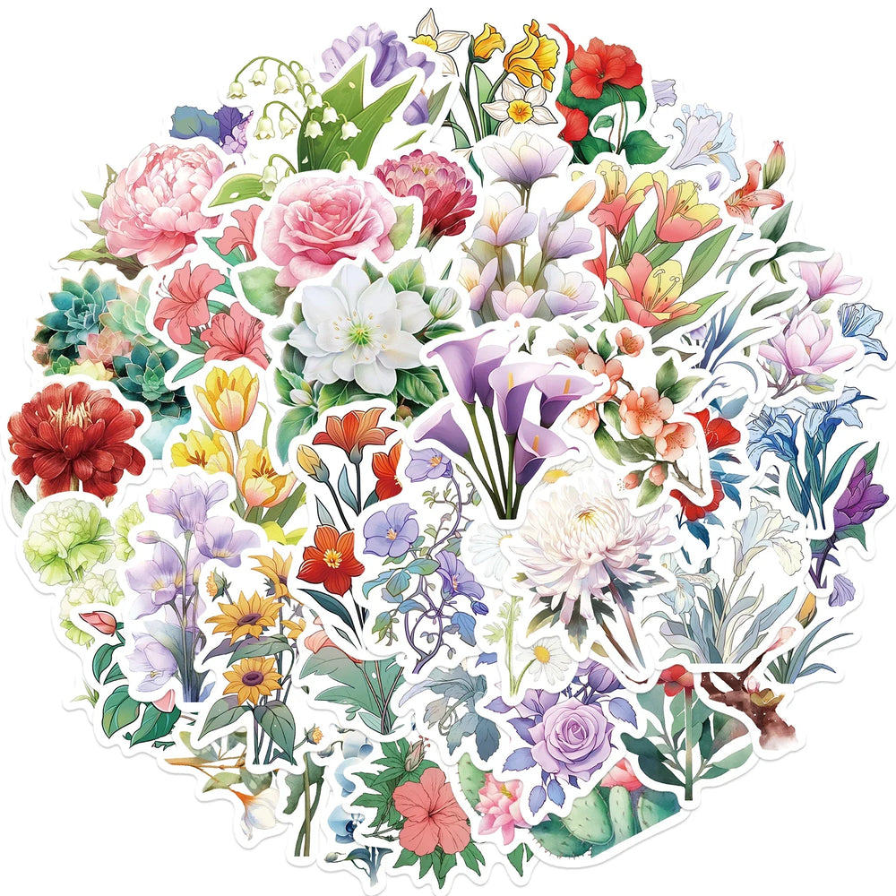 50pcs Plant Flower Stickers Aesthetic Ins Decals Kids Toy DIY Notebook Bike Phone Luggage Car Waterproof Decoration Sticker (Online Order Only)