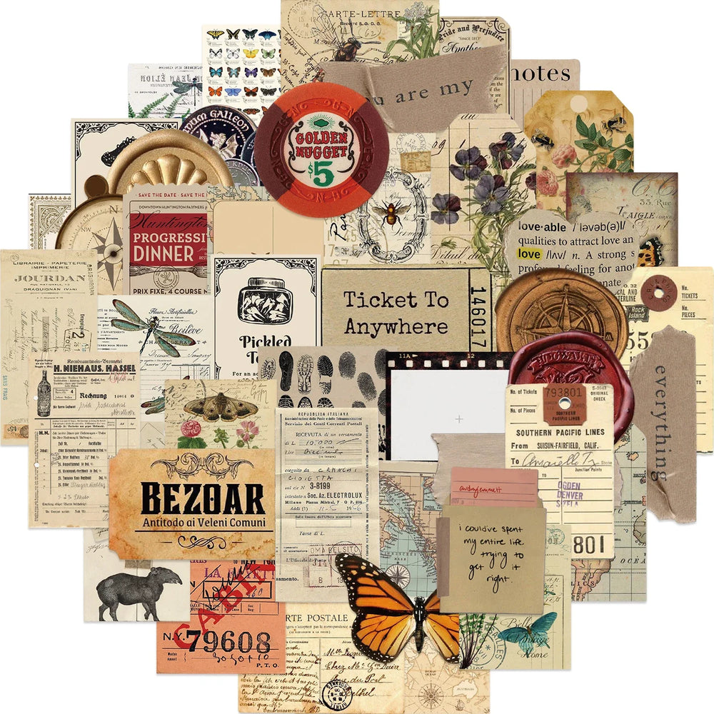 50Pcs Retro Archives Stickers For Laptop Luggage Guitar Skateboard Fridge Notebook Sticker Vintage Newspaper Graffiti Decals (ONLINE ORDER ONLY)