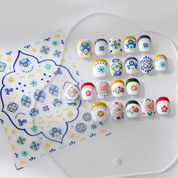Pink Blue Yellow Embroidery Totems Geometric Floral Pattern Flower 5D Embossed Nail Art Stickers Bohemian Style Manicure Decals (ONLINE ORDER ONLY)