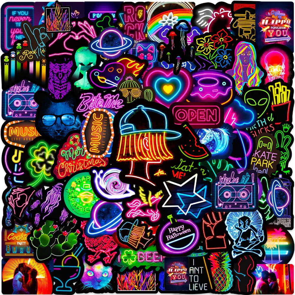 Cartoon Neon Vsco Graffiti Stickers Aesthetic Decals Skateboard Laptop Phone Waterproof 10/30/50/100pcs (Online Order Only)