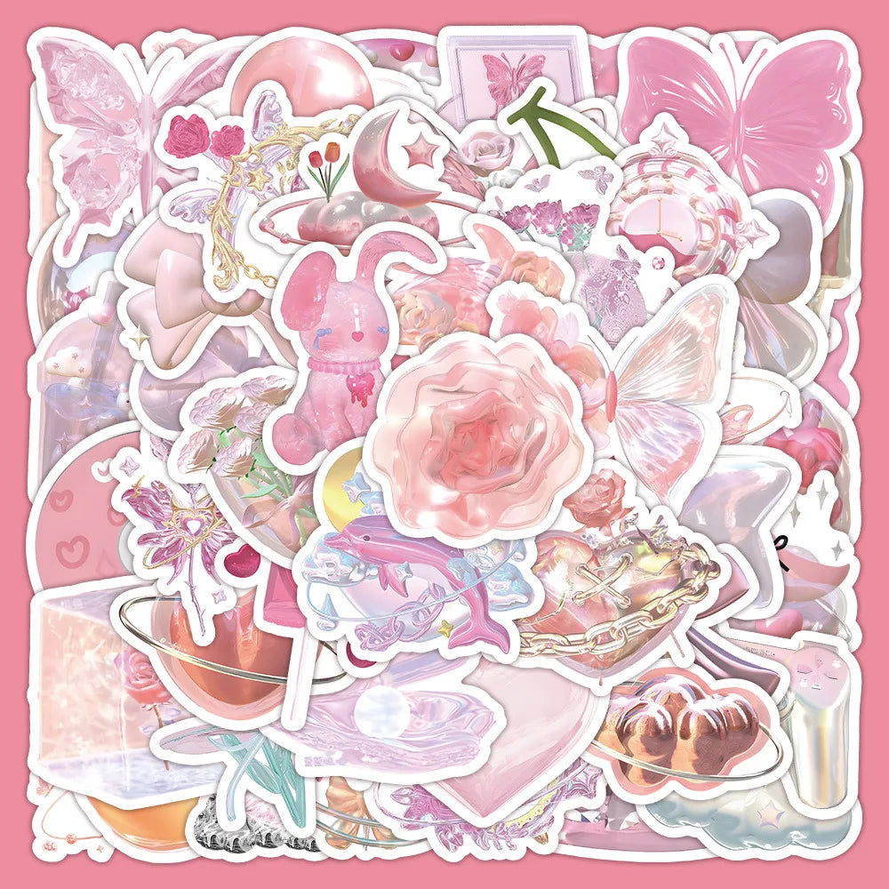 Cute Pink Aesthetic Stickers: 10/30/60pcs Waterproof Cartoon Decals for Skateboard, Scrapbook, Phone, Helmet, Car (Online Order Only)