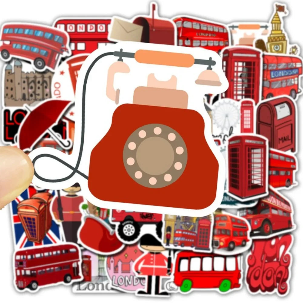 50Pcs/Lot Waterproof London Red Bus Telephone Booth PVC Stickers For Laptop Motorcycle Skateboard Luggage Decal Toy Sticker (ONLINE ORDER ONLY)