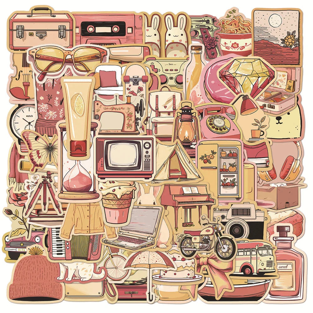 Cute Cartoon Retro Stickers for Laptop, Phone, Suitcase - 10/30/50pcs Kawaii Decoration (ONLINE ORDER ONLY)