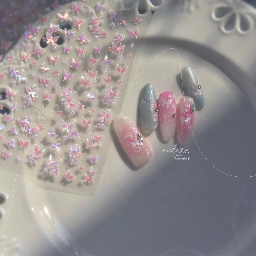 Shiny Butterfly White Pink Purple Romantic Animals Retro Photo Frame Chic Delicate Adhesive Nail Art Stickers 5D Manicure Decals (ONLINE ORDER ONLY)