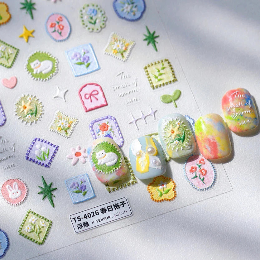 Cat Kitten Rabbit Flower Bouquet Bowknot Vase Bunny Grid Star Blocks Round Warm Sun Decoration Nail Art Stickers Manicure Decals (ONLINE ORDER ONLY)