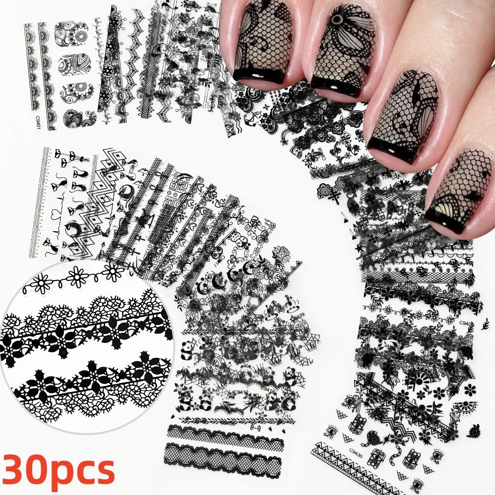 30pcs Black Flowers Nail Art Stickers 3D Self Adhesive Daisy Floral Nail Tips Design Decals Manicure Supplies For Women & Girls* (ONLINE ORDER ONLY)