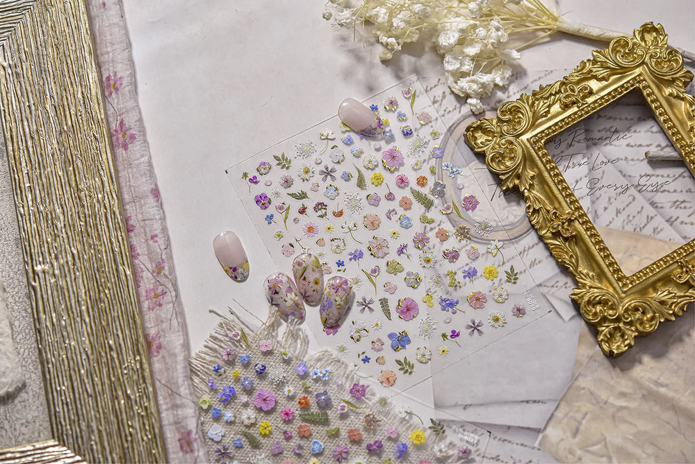 Gold Foil Dried Flowers Leaf Floral Print Daisy Rose Flower Peach Blossom Adhesive Nail Art Decoration Sticker Manicure Decals (ONLINE ORDER ONLY)