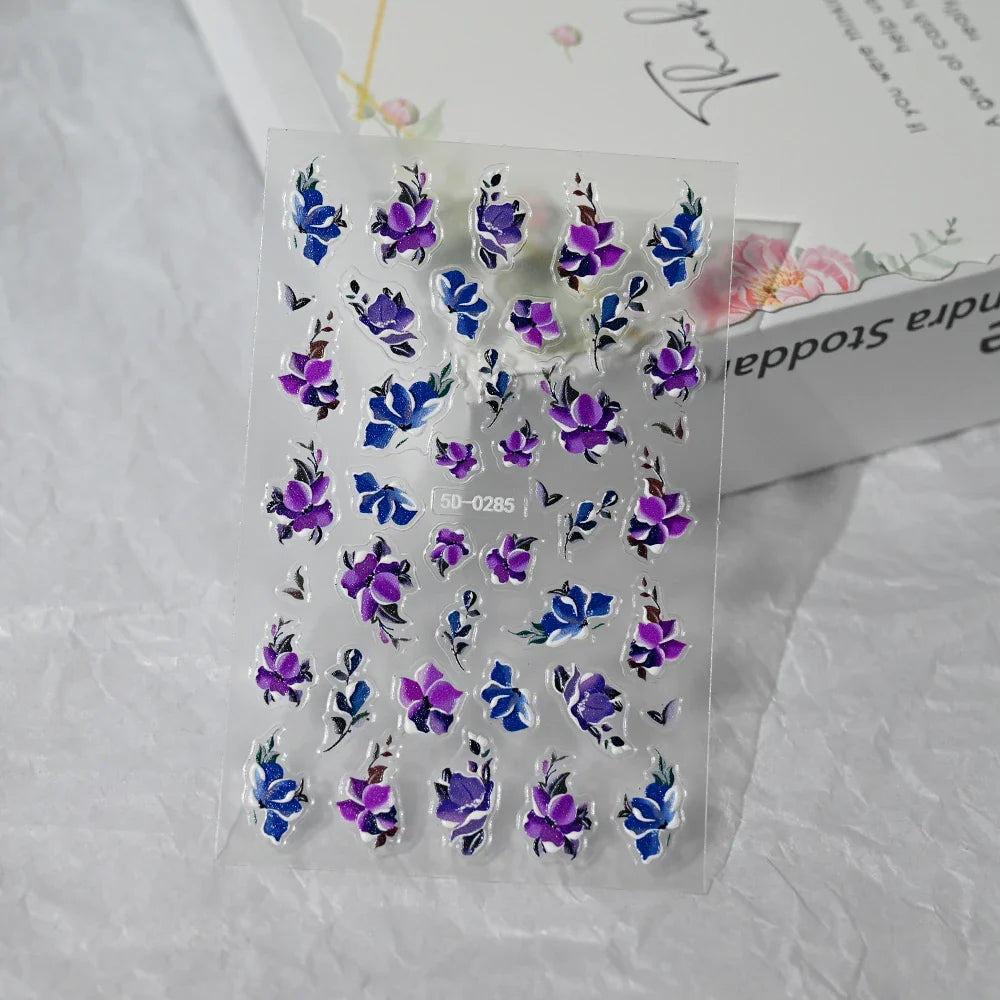 Painting Purple Flower Nail Sticker Daisy Wildflowers Butterfly Gradient Design Decal Geometry Line Charm Foils Manicure Sliders (ONLINE ORDER ONLY)