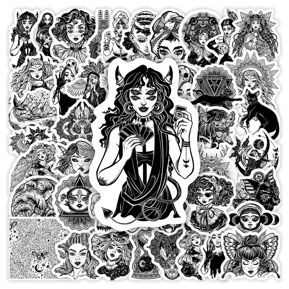 Fantasy Gothic Witch Stickers Black White DIY Toys Gift Decorative Decal for Laptop Phone Scrapbook Diary Luggage Waterproof (ONLINE ORDER ONLY)